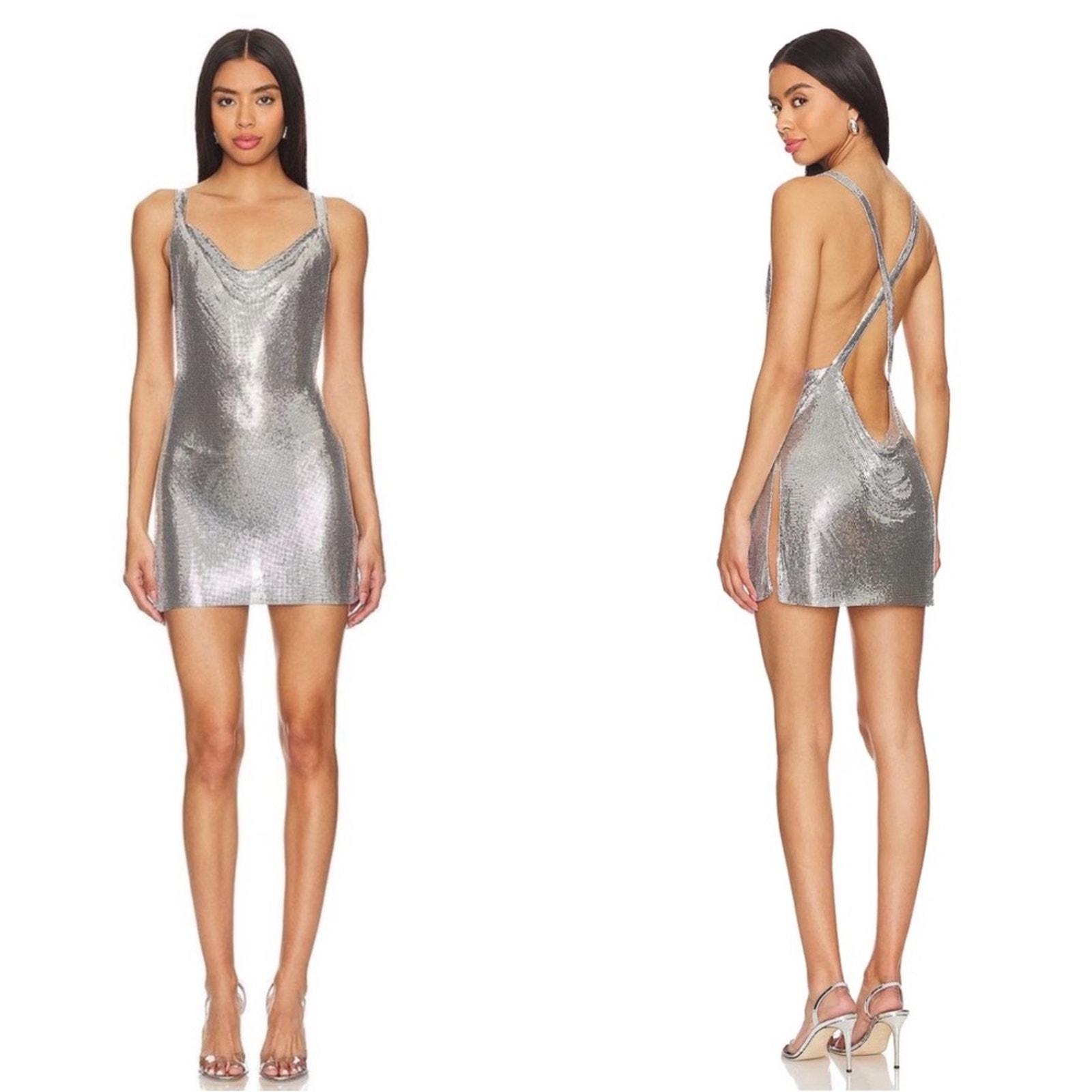 Michael Lo Sordo Cross Drape Chain Mail Mini Dress In Silver Size 6